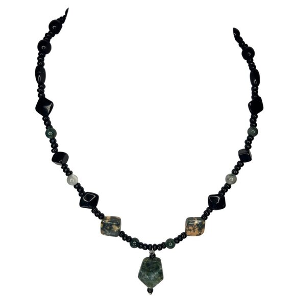 18" Necklace Natural Stone Beads Pendant Silver Clasp Onyx Moss Agate Ocean Jasp - Picture 7 of 8